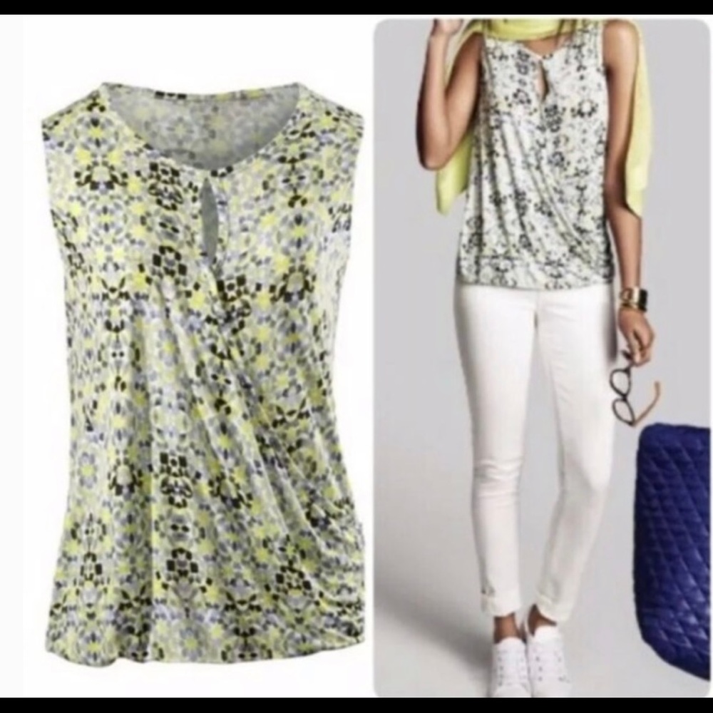 CAbi Sleeveless Cross Over Knit Top Keyhole Mosaic Print #257